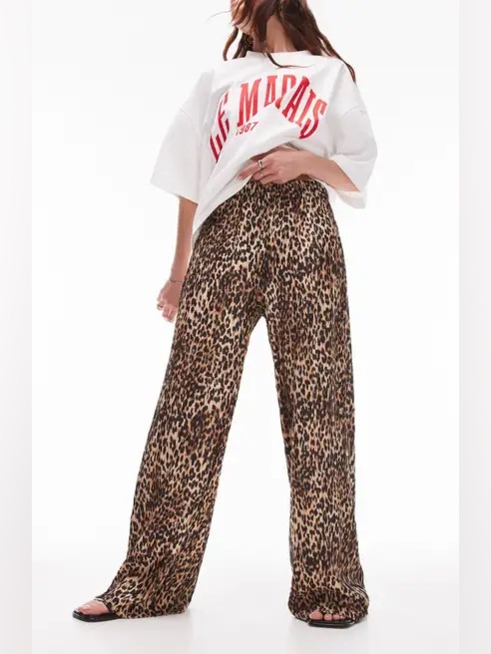 Topshop Leopard Plissé Wide Leg Pants